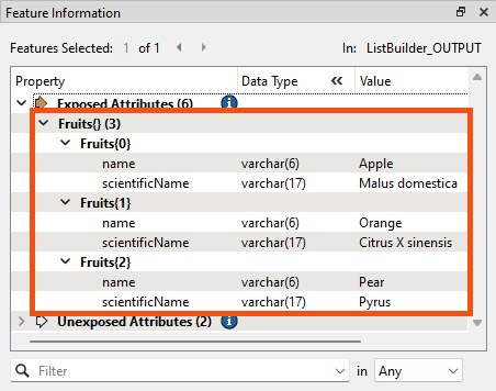 Fruits list in the Feature Information Window